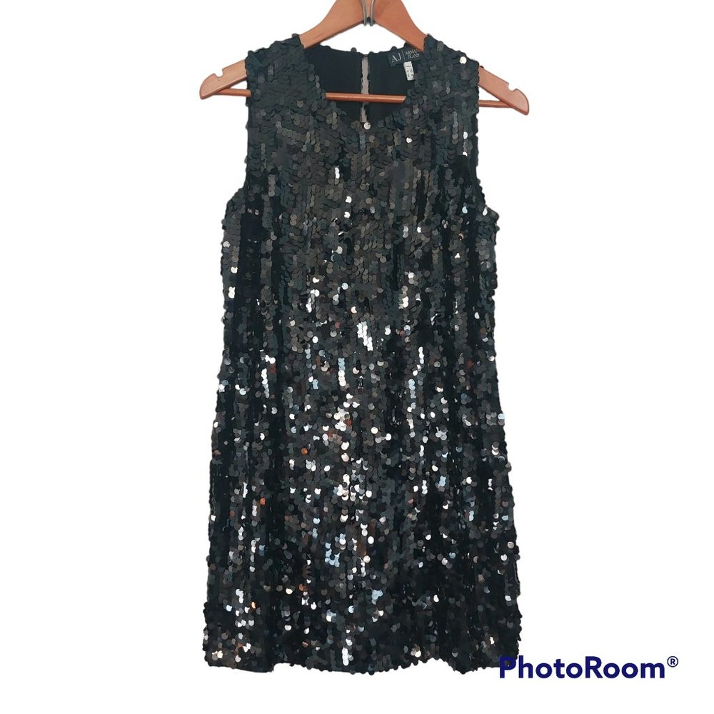 Black Sequins Shift Dress AJ Armani Jeans Above Knee Women Size 6 Sleeveless